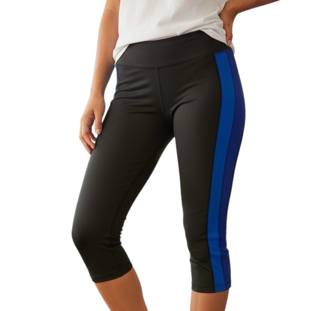 ATHLETIC WORKS Leggings Cropped Capris Size 8 Black Blue Drawstring Activewear